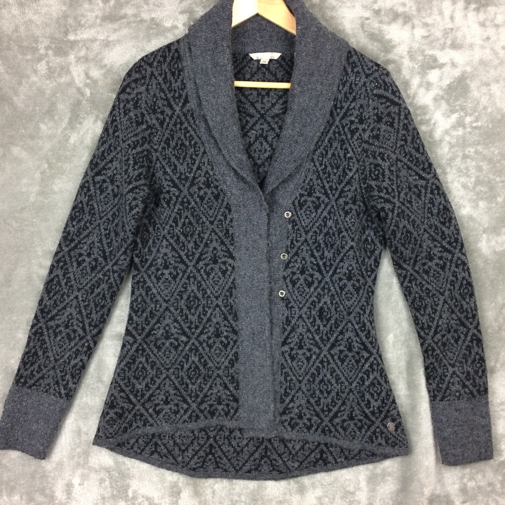 ROYAL ROBBINS Wool Blend Cardigan Womens Medium Gray Shawl Collar Geometric